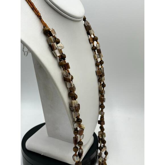 Vintage Boho Multi-Strand Wood Mother of Pearl Shell Bead Necklace Earth Tones - Picture 2 of 11
